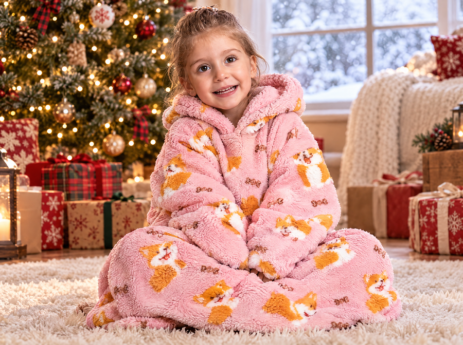 Child in a pink blanket hoodie by the Christmas tree