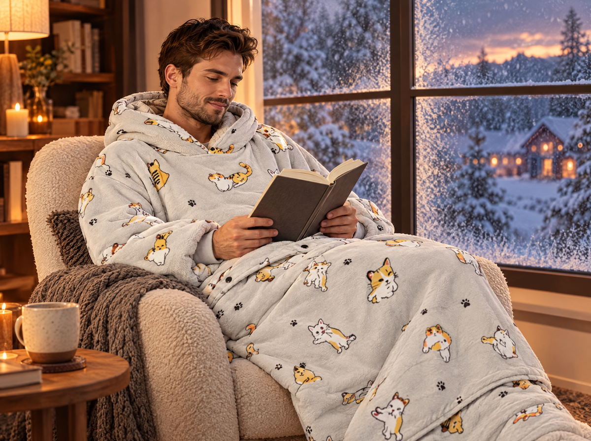 Man reading in a cat-print blanket hoodie on a snowy evening